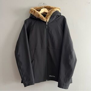 Marmot Jacket Womens XL Black Softshell Hooded Fleece Lined Faux Fur Trim